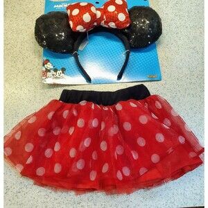 Disney Minnie Mouse White Polka Dot Red Bow Sequined Ears Headband 2T Tulle TUTU